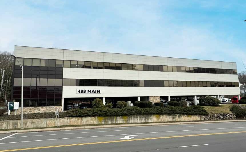 488 Main Avenue, a three-story office building with 488 MAIN signage