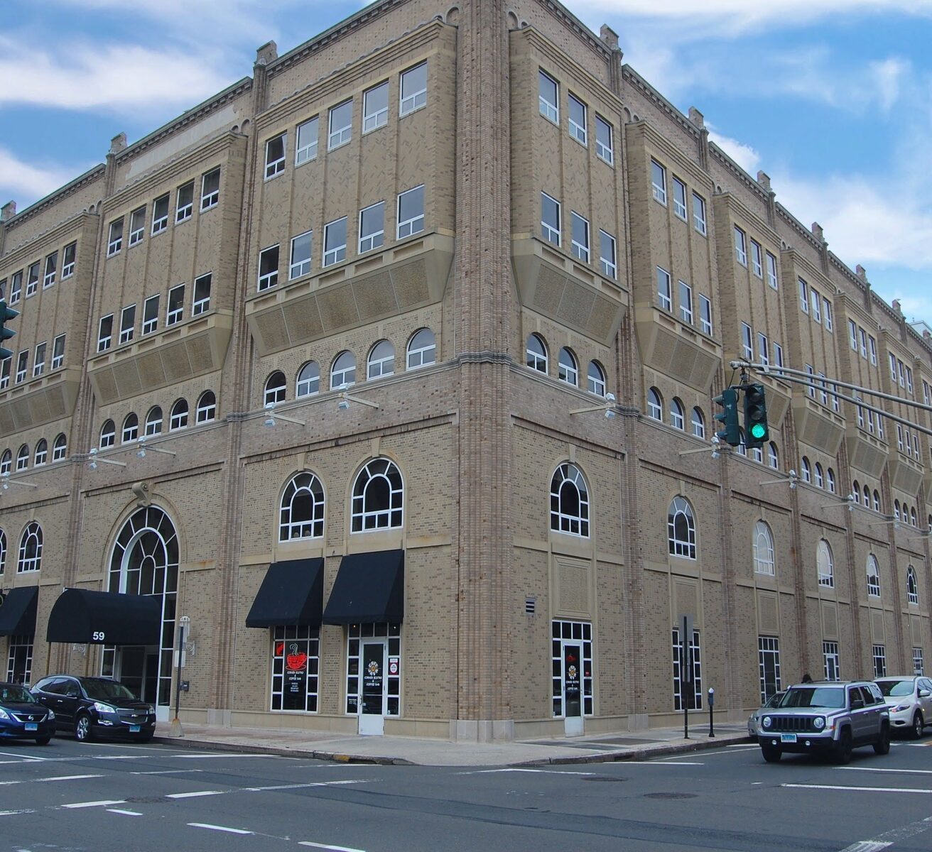 59 Elm Street, a brick office building on the corner of Elm and Orange Streets in downtown New Haven